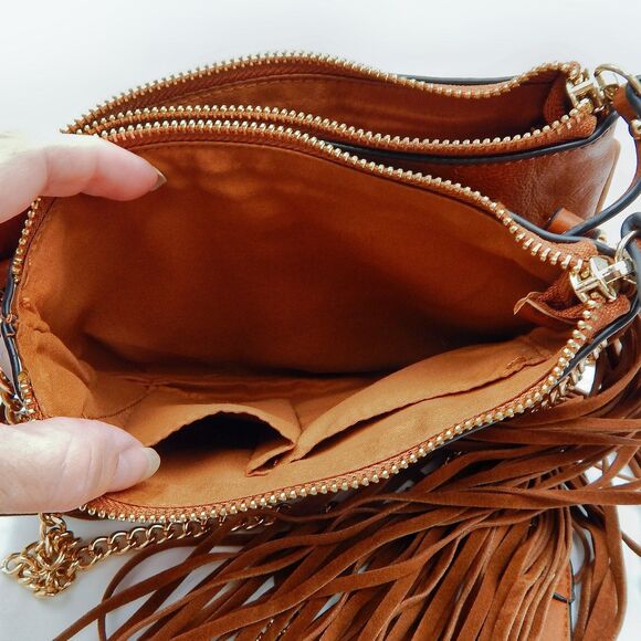 Aldo Brown Fringed Crossbody Bag Zippered Chain Faux Leather 8 Inch Boho - Picture 12 of 14